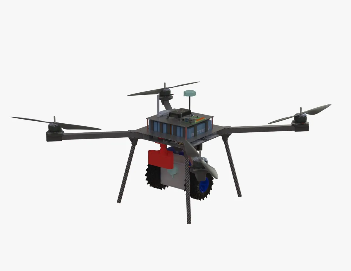 CAD render of the 2025 quadcopter with the UGV underneath